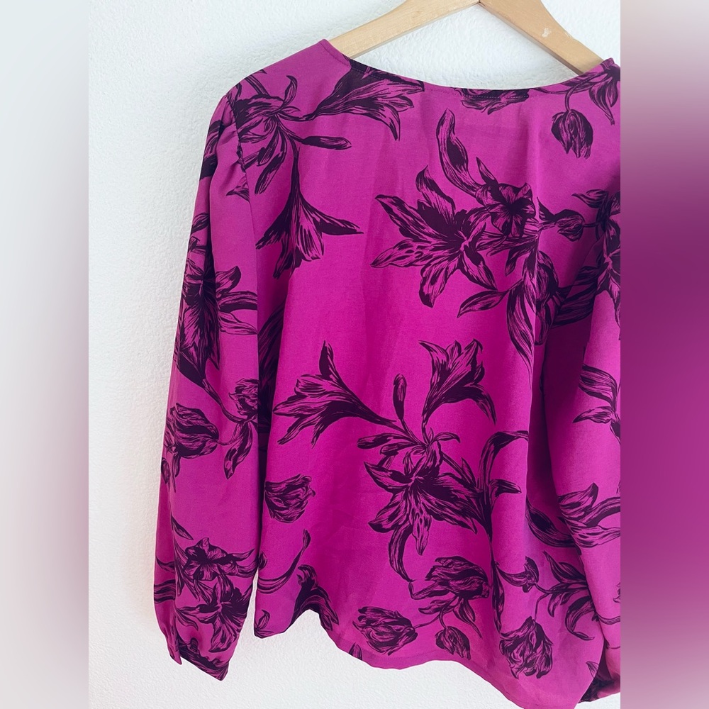 A New Day Purple Floral Puff Long Sleeve Cropped Wrap Top XL - Picture 9 of 11
